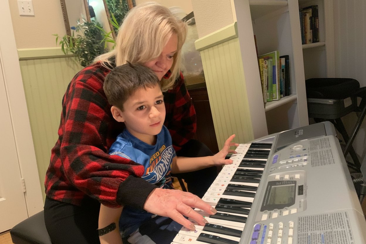 Grandmother and grandson playing piano together